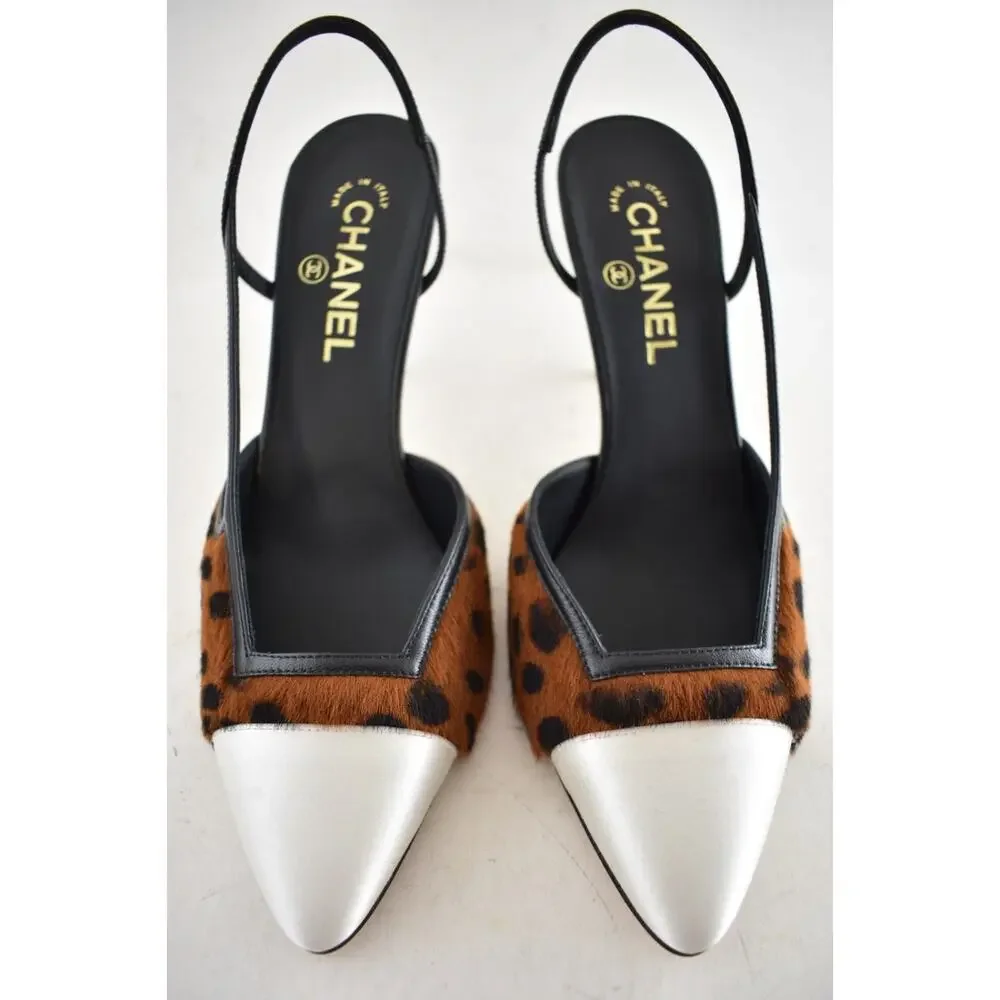Chanel 26A Brown Leopard Black White Sling CC Gold Logo Slingback Heel Pump 36.5